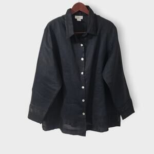 Avenue Womens Sz 18 Top Black Ramie Mesh Button Up Blouse Gothic Lagenlook Artsy